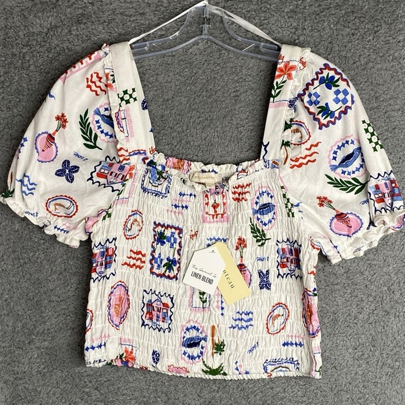 Monteau LA Smocked Crop Top Size XL White Short Sleeve Beach Casual Boho Cottage - Picture 2 of 10